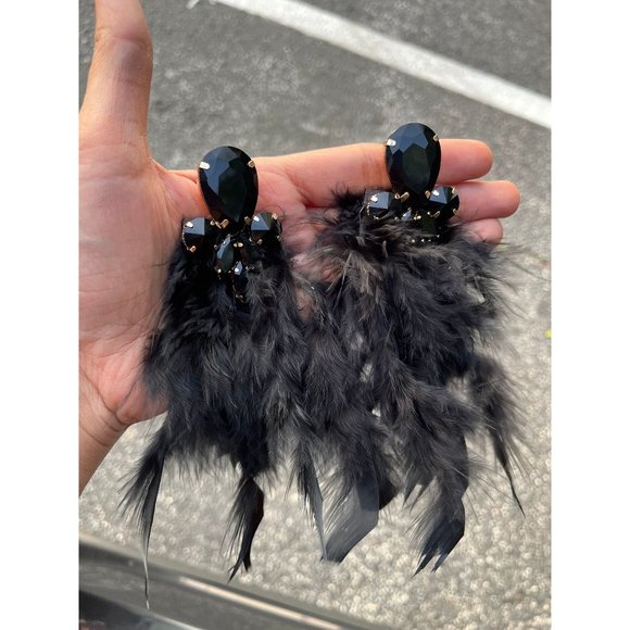 Large black earrings Fur oversized crystal wedding earrings showgirl pageant - Picture 1 of 6